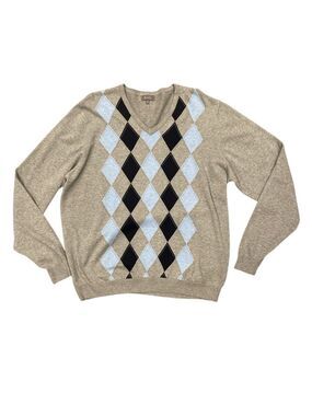 Wolsey XL Grey Argyle V-Neck Cotton Sweater Classic Preppy